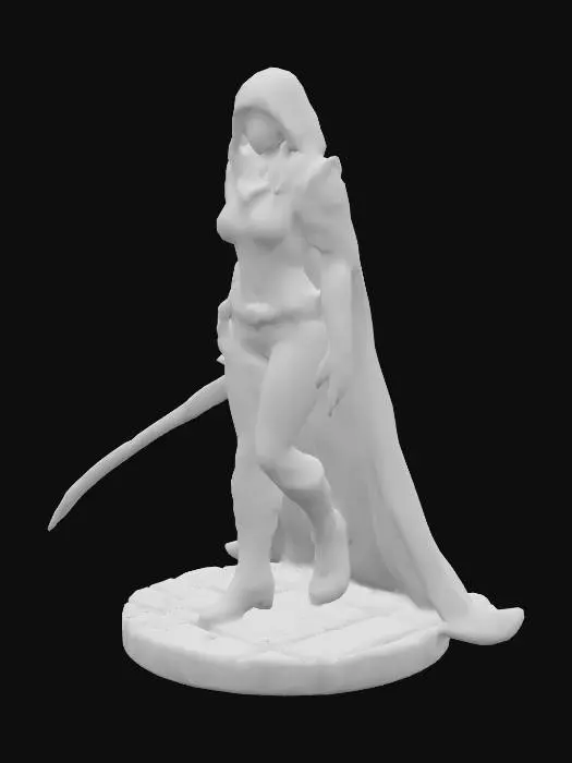 3D model for Create a female half elf rogue with skin tight grey body suit and leather pauldrons on each shoulder and a long flowing cloak with a hood. She is crouched on top of a round plinth made from stone