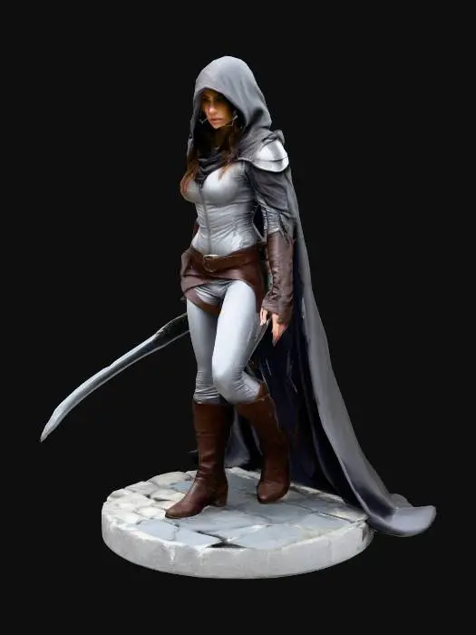 3D model for Create a female half elf rogue with skin tight grey body suit and leather pauldrons on each shoulder and a long flowing cloak with a hood. She is crouched on top of a round plinth made from stone