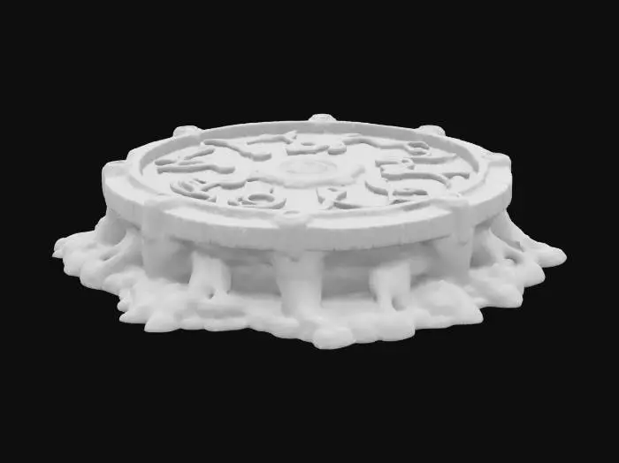 3D model for A terrifying pedestal, meticulously sculpted to resemble a writhing mass of Great Old One tentacles, each segment defined by unholy geometric patterns and suction cups that seem to pulsate. The flat top surface, designed to hold an object, is a smooth disc of dark, polished basalt. The tentacles themselves are a deep, abyssal black with hints of iridescent violet, feeling unnervingly smooth yet impossibly strong, like cold, ancient stone.