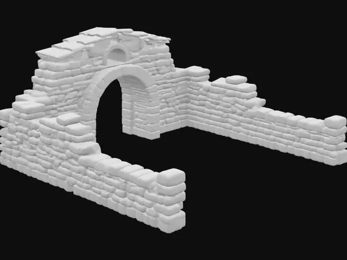 3D model for A medieval fieldstone house shell be creative with the design with no floor, built from irregular, rounded, and oval-shaped stones with a rough, weathered texture. Deep-set, visible mortar enhances the aged, sturdy look. The wooden shingle roof appears slightly worn, adding rustic charm. Thick stone supports frame an open, arched doorway with no door, leaving the hollow interior fully exposed. Designed with a hand-sculpted, high-fantasy aesthetic, perfect for seamless placement in various environment