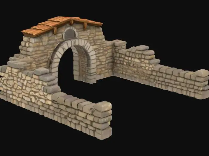 3D model for A medieval fieldstone house shell be creative with the design with no floor, built from irregular, rounded, and oval-shaped stones with a rough, weathered texture. Deep-set, visible mortar enhances the aged, sturdy look. The wooden shingle roof appears slightly worn, adding rustic charm. Thick stone supports frame an open, arched doorway with no door, leaving the hollow interior fully exposed. Designed with a hand-sculpted, high-fantasy aesthetic, perfect for seamless placement in various environment
