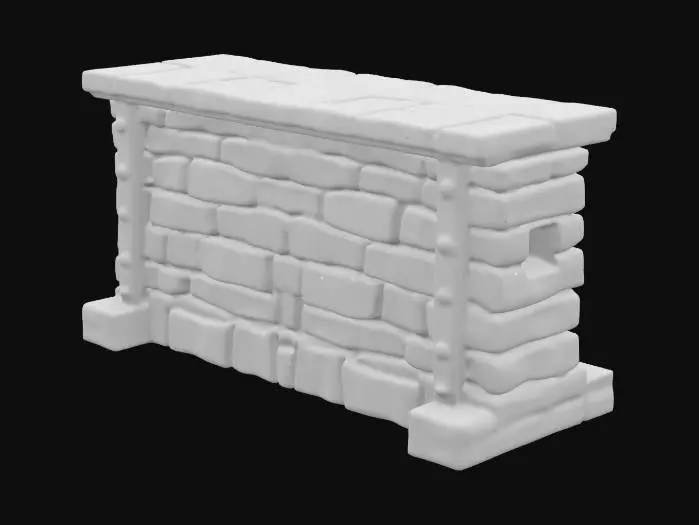 3D model for A single modular wall segment designed for a fortified base. The piece is rectangular and built to seamlessly connect with identical segments on either side. It has a strong foundation, evenly spaced vertical supports, and a flat top wide enough for a walkway. The ends are designed to align perfectly with additional segments for continuous wall construction. The design is simple, sturdy, and adaptable for different base layouts