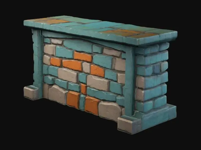 3D model for A single modular wall segment designed for a fortified base. The piece is rectangular and built to seamlessly connect with identical segments on either side. It has a strong foundation, evenly spaced vertical supports, and a flat top wide enough for a walkway. The ends are designed to align perfectly with additional segments for continuous wall construction. The design is simple, sturdy, and adaptable for different base layouts