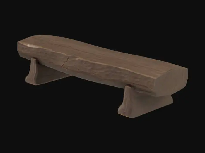 3D model for A low-poly stylized orcish bench, crafted from a single, massive, roughly hewn log split lengthwise, forming a broad, flat seating surface. The dark brown wood is uniform and untextured, highlighting the simple, blocky form. It rests on two thick, cylindrical log supports, slightly splayed outwards for stability. The overall impression is one of brute simplicity and immense weight, with clean, angular lines typical of a low-polygon model.