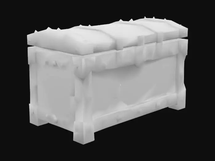3D model for A low-poly stylized orcish storage chest, shaped like a sturdy, rectangular block with thick, beveled edges. Its primary material is a flat, dark grey metal with a smooth, untextured finish, giving it a monolithic appearance. Heavy, simplified black iron straps cross its surface in a geometric pattern, held by prominent, blocky rivets. The overall design is stark and robust, prioritizing clear form and durability with a minimal polygon count.