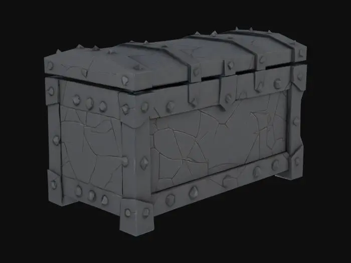 3D model for A low-poly stylized orcish storage chest, shaped like a sturdy, rectangular block with thick, beveled edges. Its primary material is a flat, dark grey metal with a smooth, untextured finish, giving it a monolithic appearance. Heavy, simplified black iron straps cross its surface in a geometric pattern, held by prominent, blocky rivets. The overall design is stark and robust, prioritizing clear form and durability with a minimal polygon count.