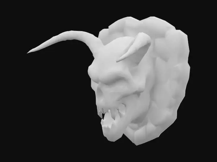 3D model for Low-poly sculpted orc skull carving, aggressive expression with fangs and pointed ears. Designed as a decorative stone relief. Stylized for dungeon orc architecture. Carved into green basalt stone, flat back for wall mounting. Texture includes aged cracks and chiseled stone detail. Game-ready, low polygon, no background, optimized silhouette.