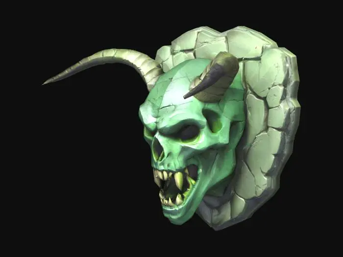 3D model for Low-poly sculpted orc skull carving, aggressive expression with fangs and pointed ears. Designed as a decorative stone relief. Stylized for dungeon orc architecture. Carved into green basalt stone, flat back for wall mounting. Texture includes aged cracks and chiseled stone detail. Game-ready, low polygon, no background, optimized silhouette.
