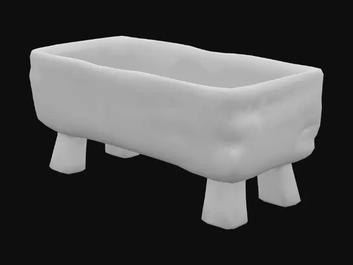 3D model for A rustic, low-poly wooden feeding trough, perfect for farm animals and sharing the identical **clean, hand-painted texture style**. It's shaped as a long, shallow, hollowed-out log, crafted from chunky, muted dark brown wood. The wood's texture vividly portrays bold, stylized grain and subtle implied rough patches through crisp, painted lines. Its sturdy, blocky legs are integrated seamlessly, ensuring an efficient polygon count and visual harmony with other farm assets.