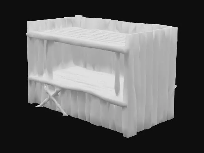 3D model for A rustic, low-poly medieval farm **stable wall section**, designed for modular building and featuring vertical wooden bars. It is constructed from chunky, muted aged brown wooden planks, with a clean, hand-painted texture of bold, stylized grain. Interspersed within the wall are vertical, simplified wooden bars, allowing visibility. All elements maintain a clean, efficient polygon count and perfectly flat connection points for seamless assembly into larger farm structures.