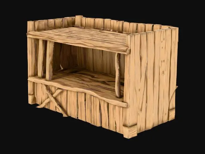 3D model for A rustic, low-poly medieval farm **stable wall section**, designed for modular building and featuring vertical wooden bars. It is constructed from chunky, muted aged brown wooden planks, with a clean, hand-painted texture of bold, stylized grain. Interspersed within the wall are vertical, simplified wooden bars, allowing visibility. All elements maintain a clean, efficient polygon count and perfectly flat connection points for seamless assembly into larger farm structures.