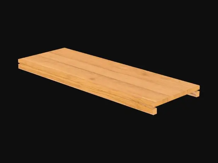 3D model for A single, low-poly oak flooring plank, perfectly rectilinear in shape. Its surface is a rich, warm medium brown oak, showcasing a stunning hand-painted texture that meticulously details fine, natural grain patterns and subtle variations, conveying intricate depth. The plank appears flawlessly smooth and polished, highlighting its inherent beauty. All its edges are crisp and clean, creating a solid, inviting tactile quality.