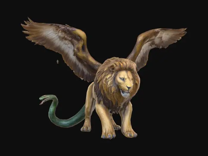 3D model for A formidable chimera with the dominant form of a powerful lion, covered in rich, tawny-gold fur that exhibits a coarse, shaggy texture. Its muscular body and majestic head feature a fierce expression. Large, feathered eagle wings sprout from its back, displaying a magnificent span of brown and white feathers with individual, soft barbules. A long, serpentine tail emerges from its hindquarters, covered in smooth, glossy green and black scales, culminating in a distinct snake head. The creature possesses a robust, imposing structure, blending fur, feathers, and scales.