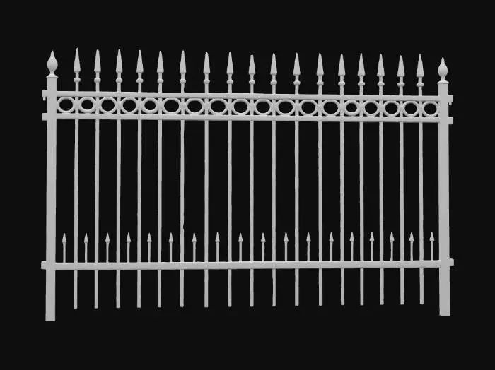 3D model for A modular cemetery metal fence section, designed for repetitive assembly. Crafted from dark, aged wrought iron, its surface exhibits a rough, slightly pitted texture with hints of rust in the crevices, conveying a weathered, antique feel. The fence features vertical, slender metal pickets topped with sharp, spear-like finials, secured between thicker, ornate horizontal rails adorned with subtle, gothic-inspired scrollwork. Its color is a deep, muted charcoal black, with occasional brown rust tones, possessing a cold, hard, and heavy tactile quality, perfectly structured for seamless modular connection.