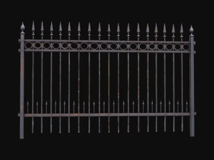 3D model for A modular cemetery metal fence section, designed for repetitive assembly. Crafted from dark, aged wrought iron, its surface exhibits a rough, slightly pitted texture with hints of rust in the crevices, conveying a weathered, antique feel. The fence features vertical, slender metal pickets topped with sharp, spear-like finials, secured between thicker, ornate horizontal rails adorned with subtle, gothic-inspired scrollwork. Its color is a deep, muted charcoal black, with occasional brown rust tones, possessing a cold, hard, and heavy tactile quality, perfectly structured for seamless modular connection.