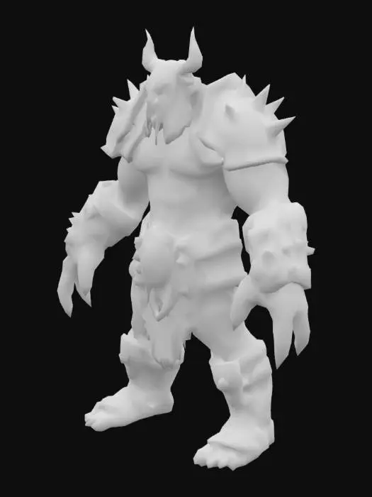 3D model for An EverQuest-style orc centurion with heavily muscled, deep green skin and prominent, ivory tusks. Clad in bulky, segmented plate armor of dull, dark iron, adorned with crude, spiky embellishments, its rough, unpolished surface feels raw and weighty. A fearsome horned helmet covers its head, revealing a grimacing, determined expression. Standing in an A-pose with arms slightly outward, its large, powerful hands feature meticulously modeled, clearly defined, articulated fingers, ideal for rigging.