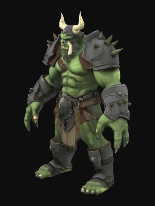 3D model for An EverQuest-style orc centurion with heavily muscled, deep green skin and prominent, ivory tusks. Clad in bulky, segmented plate armor of dull, dark iron, adorned with crude, spiky embellishments, its rough, unpolished surface feels raw and weighty. A fearsome horned helmet covers its head, revealing a grimacing, determined expression. Standing in an A-pose with arms slightly outward, its large, powerful hands feature meticulously modeled, clearly defined, articulated fingers, ideal for rigging.