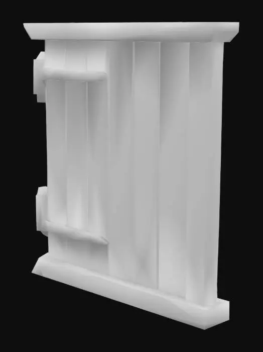 3D model for A low to medium poly medieval wooden shutter, constructed from broad, simplified planks with distinct, beveled edges. The wood's texture is smooth with a flat, muted brown color, showing only minimal, stylized grain lines to define its material. It has a clean, geometric silhouette, avoiding overly intricate details. The large, simplified iron hinges and a basic latch, rendered in a dark grey, appear flat and blocky, contributing to its efficient polygon count while maintaining a clear, robust appearance.