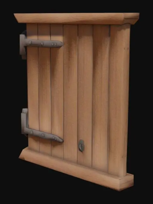 3D model for A low to medium poly medieval wooden shutter, constructed from broad, simplified planks with distinct, beveled edges. The wood's texture is smooth with a flat, muted brown color, showing only minimal, stylized grain lines to define its material. It has a clean, geometric silhouette, avoiding overly intricate details. The large, simplified iron hinges and a basic latch, rendered in a dark grey, appear flat and blocky, contributing to its efficient polygon count while maintaining a clear, robust appearance.