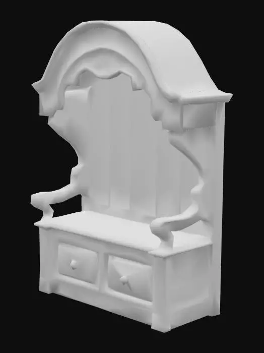 3D model for An imposing hooded settle crafted from dark, aged oak, its robust form designed for indoor comfort. The wood's surface is deep brown, displaying a rich, pronounced grain with subtle worn patches and a soft, antique patina, feeling smooth yet substantial to the touch. Its high back and deep side panels rise to meet an overhead canopy, all constructed from the same solid oak. The overall impression is one of enduring, well-preserved age, retaining its warmth and gravitas from centuries indoors.