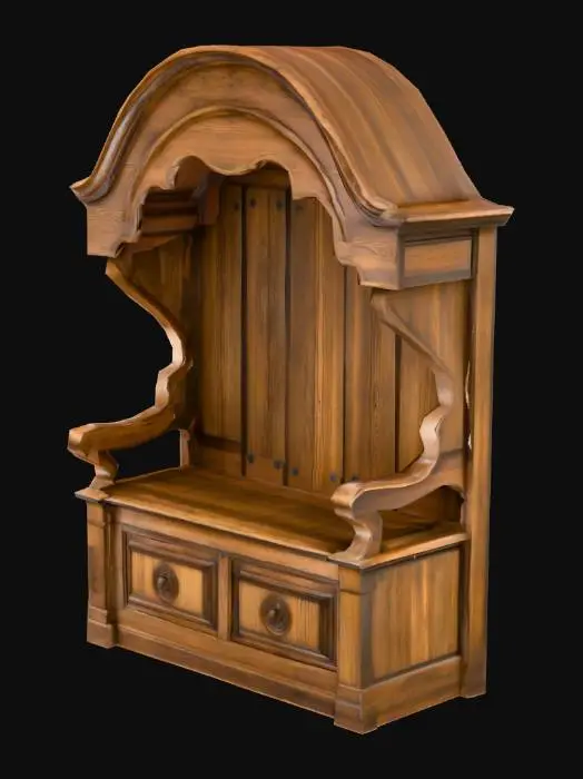 3D model for An imposing hooded settle crafted from dark, aged oak, its robust form designed for indoor comfort. The wood's surface is deep brown, displaying a rich, pronounced grain with subtle worn patches and a soft, antique patina, feeling smooth yet substantial to the touch. Its high back and deep side panels rise to meet an overhead canopy, all constructed from the same solid oak. The overall impression is one of enduring, well-preserved age, retaining its warmth and gravitas from centuries indoors.