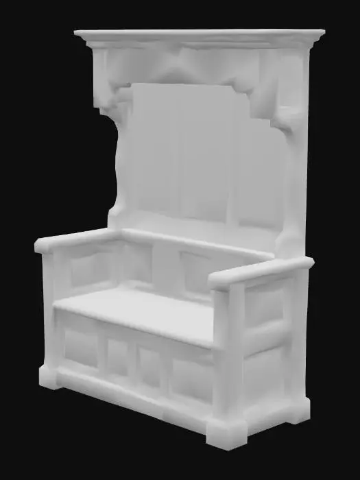 3D model for An imposing hooded settle crafted from dark, aged oak, its robust form designed for indoor comfort. The wood's surface is deep brown, displaying a rich, pronounced grain with subtle worn patches and a soft, antique patina, feeling smooth yet substantial to the touch. Its high back and deep side panels rise to meet an overhead canopy, all constructed from the same solid oak. The overall impression is one of enduring, well-preserved age, retaining its warmth and gravitas from centuries indoors.