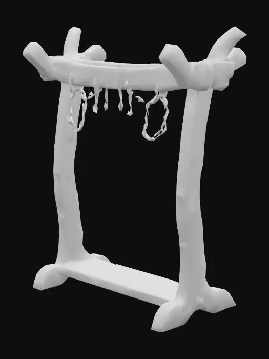 3D model for A stylized wooden armor rack with thick, slightly curved beams, softened edges, and visible wood grain for a hand-crafted look. The base is reinforced with aged planks, showing small cracks and worn textures. The central post is sturdy, supporting two outstretched arms for displaying armor, with subtle dents and scratches giving it a well-used feel. The wood has a rich, warm tone, accented with metal brackets and pegs, enhancing its medieval fantasy aesthetic. #game figure#