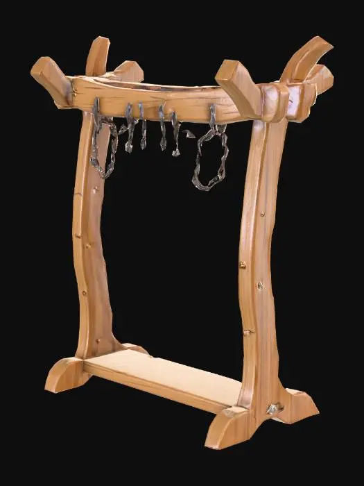 3D model for A stylized wooden armor rack with thick, slightly curved beams, softened edges, and visible wood grain for a hand-crafted look. The base is reinforced with aged planks, showing small cracks and worn textures. The central post is sturdy, supporting two outstretched arms for displaying armor, with subtle dents and scratches giving it a well-used feel. The wood has a rich, warm tone, accented with metal brackets and pegs, enhancing its medieval fantasy aesthetic. #game figure#