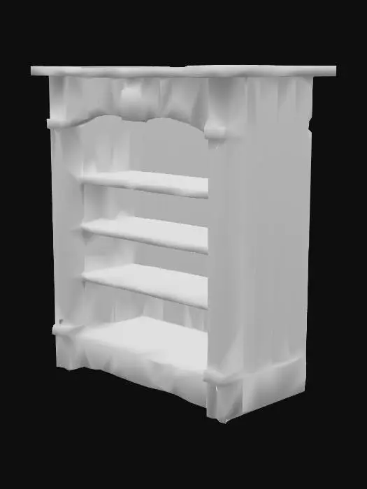 3D model for A stylized wooden bookcase with a simple yet charming design. Made of thick, slightly curved planks with exaggerated wood grain and softened edges for a hand-crafted look. The shelves are slightly uneven, giving a whimsical feel. The wood has a warm, worn texture with subtle scratches and dents. Some books lean casually, while others are stacked. The back panel consists of vertical planks with visible seams, enhancing its rustic, medieval fantasy aesthetic.", #game figure#