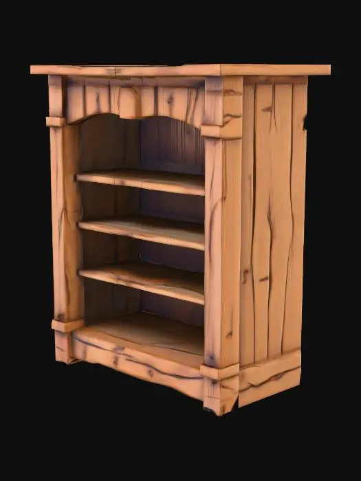 3D model for A stylized wooden bookcase with a simple yet charming design. Made of thick, slightly curved planks with exaggerated wood grain and softened edges for a hand-crafted look. The shelves are slightly uneven, giving a whimsical feel. The wood has a warm, worn texture with subtle scratches and dents. Some books lean casually, while others are stacked. The back panel consists of vertical planks with visible seams, enhancing its rustic, medieval fantasy aesthetic.", #game figure#