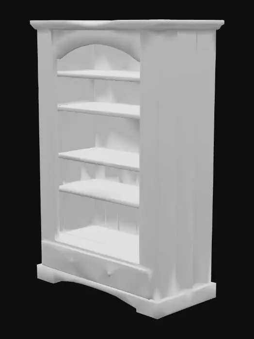 3D model for A stylized wooden bookcase with a simple yet charming design. Made of thick, slightly curved planks with exaggerated wood grain and softened edges for a hand-crafted look. The shelves are slightly uneven, giving a whimsical feel. The wood has a warm, worn texture with subtle scratches and dents. Some books lean casually, while others are stacked. The back panel consists of vertical planks with visible seams, enhancing its rustic, medieval fantasy aesthetic.", #game figure#