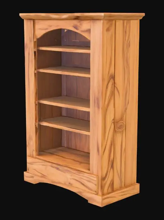 3D model for A stylized wooden bookcase with a simple yet charming design. Made of thick, slightly curved planks with exaggerated wood grain and softened edges for a hand-crafted look. The shelves are slightly uneven, giving a whimsical feel. The wood has a warm, worn texture with subtle scratches and dents. Some books lean casually, while others are stacked. The back panel consists of vertical planks with visible seams, enhancing its rustic, medieval fantasy aesthetic.", #game figure#