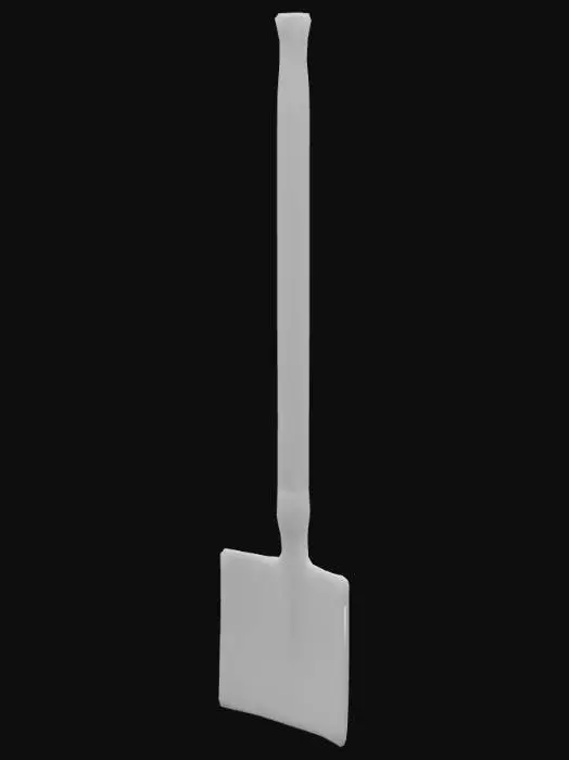 3D model for A simple wooden hand-plow, featuring a long, sturdy, unpolished dark wood handle, smooth from repeated use. Its working end is a sharp, broad iron blade, dulled to a dark grey with patches of dried earth clinging to its surface. The iron feels cold and heavy. The entire tool is designed for manual cultivation, appearing well-worn and essential for farm labor.