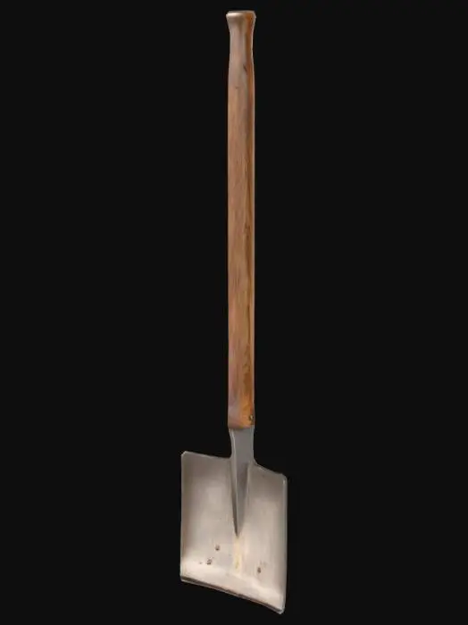 3D model for A simple wooden hand-plow, featuring a long, sturdy, unpolished dark wood handle, smooth from repeated use. Its working end is a sharp, broad iron blade, dulled to a dark grey with patches of dried earth clinging to its surface. The iron feels cold and heavy. The entire tool is designed for manual cultivation, appearing well-worn and essential for farm labor.
