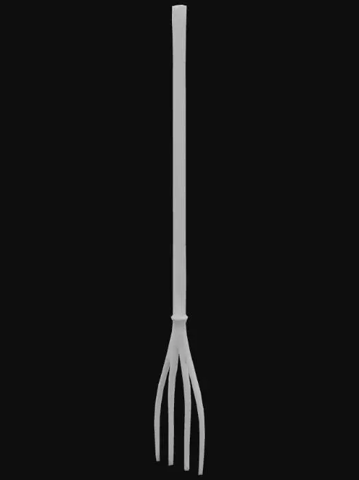 3D model for A rustic wooden pitchfork, featuring a long, smooth, light brown handle worn from use. Its head consists of three long, slightly curved metal tines, a dull grey with patches of superficial rust. The connection between wood and metal is simple and functional. The overall tool feels light yet sturdy, designed for manual labor in a farm setting.