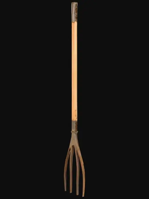 3D model for A rustic wooden pitchfork, featuring a long, smooth, light brown handle worn from use. Its head consists of three long, slightly curved metal tines, a dull grey with patches of superficial rust. The connection between wood and metal is simple and functional. The overall tool feels light yet sturdy, designed for manual labor in a farm setting.