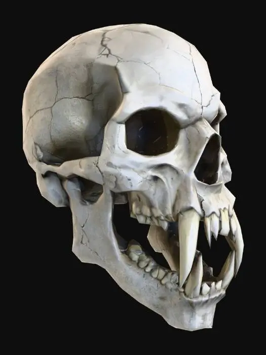 3D model for A demonic reaper skull, intricately detailed with an imposing, predatory form. Its bone structure is ancient and dark, featuring a rough, weathered texture with visible cracks and deep striations that hint at immense age and torment. Elongated, razor-sharp fangs protrude menacingly from a skeletal jaw. The empty eye sockets are deep and hollow, casting an ominous shadow, and the overall color is a dark, bleached bone, conveying a cold, hard, and unyielding presence without any cranial adornments.