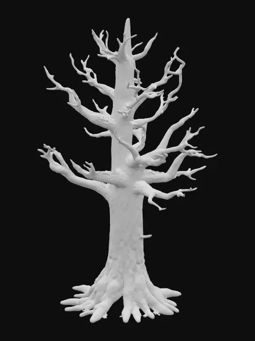 3D model for A majestic, full pine tree stands entirely devoid of needles, showcasing its intricate woody structure from its prominent root system to its highest branches. Its massive, deeply rooted trunk is covered in rugged, reddish-brown bark, deeply fissured with scaly, flaking textures. Numerous strong, gnarled branches extend outwards and upwards, also bare, revealing their dark, textured wood and complex branching patterns. The overall form tapers to a pointed top, presenting a stark, skeletal silhouette. The entire tree possesses a hard, weathered, and unyielding tactile quality, emphasizing its robust, needle-less structure.
