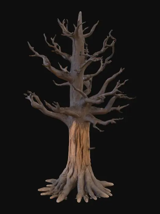 3D model for A majestic, full pine tree stands entirely devoid of needles, showcasing its intricate woody structure from its prominent root system to its highest branches. Its massive, deeply rooted trunk is covered in rugged, reddish-brown bark, deeply fissured with scaly, flaking textures. Numerous strong, gnarled branches extend outwards and upwards, also bare, revealing their dark, textured wood and complex branching patterns. The overall form tapers to a pointed top, presenting a stark, skeletal silhouette. The entire tree possesses a hard, weathered, and unyielding tactile quality, emphasizing its robust, needle-less structure.