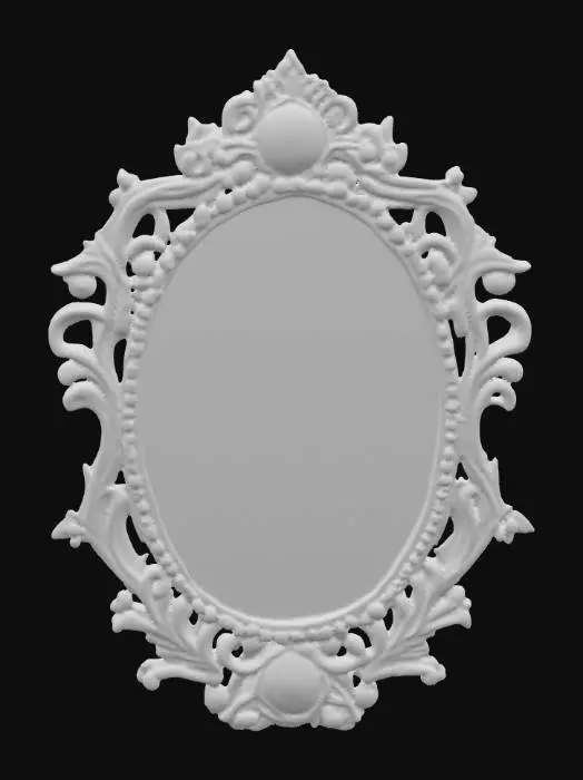 3D model for A majestic enchanted mirror, its surface a perfect, flawless sheet of polished silver, cool and perfectly reflective, imbued with a subtle, shimmering aura. Its ornate frame is crafted from gleaming, intricate gold trim, featuring delicate filigree. This golden trim is lavishly encrusted with numerous, vibrantly colored gems—emeralds, rubies, sapphires, and amethysts—each sparkling brilliantly, creating a dazzling, tactile border that enhances its magical and luxurious appearance.