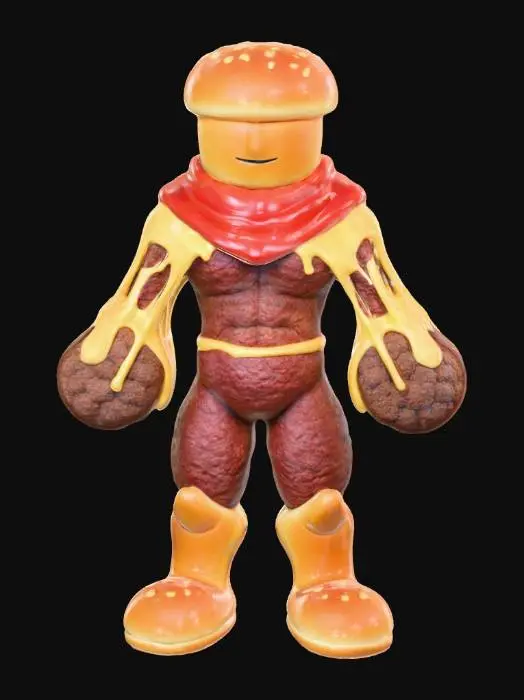 3D model for #food#, A game-ready humanoid character stands in a symmetrical A-pose with a neutral expression. Its head is a smooth, slightly glossy sesame-seed top bun. A glossy red ketchup forms its neck and a vibrant shoulder mantle. Melted cheddar cheese creates gooey, strandy arms from shoulder to wrist. Patty-shaped burger meat forms its simple hands, showcasing a seared, meaty texture. Its muscular torso, waist, and legs are stacked, ground burger meat, resting on two bottom burger buns as sturdy feet.