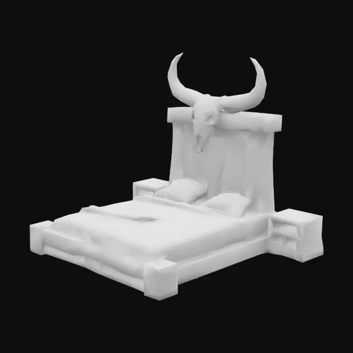 3D model for A massive, low-poly stylized orcish bed, featuring a platform base made from oversized, dark brown wooden planks, uniformly colored and untextured. The headboard is a tall, single slab of wood or a simplified, blocky animal skull-like form in a muted bone-white, emphasizing its crude shape. The overall structure is bulky and primitive, designed with minimal facets to define its form, suggesting a rough, yet sturdy, sleeping surface.