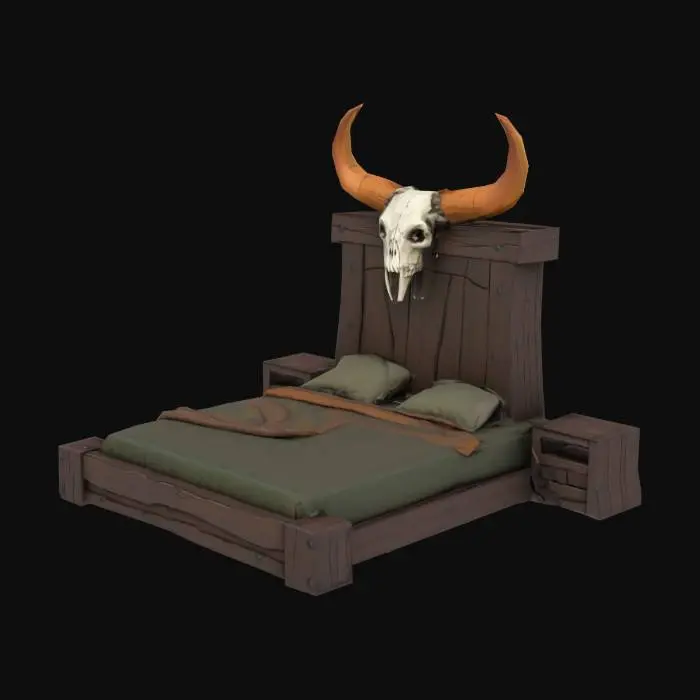 3D model for A massive, low-poly stylized orcish bed, featuring a platform base made from oversized, dark brown wooden planks, uniformly colored and untextured. The headboard is a tall, single slab of wood or a simplified, blocky animal skull-like form in a muted bone-white, emphasizing its crude shape. The overall structure is bulky and primitive, designed with minimal facets to define its form, suggesting a rough, yet sturdy, sleeping surface.