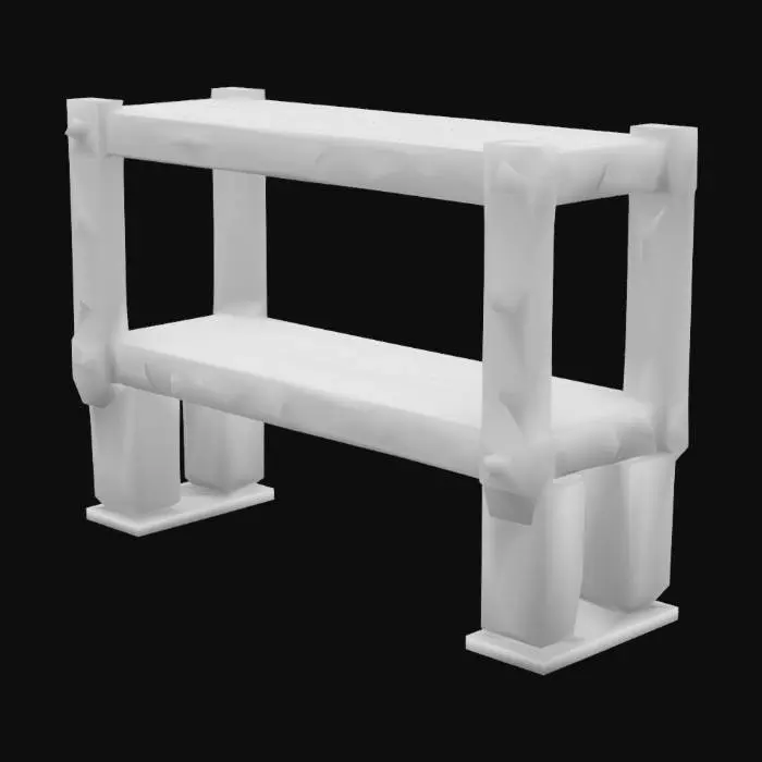 3D model for A utilitarian, low-poly stylized orcish shelving unit, constructed from thick, dark grey metal plates resembling crudely forged iron. The surfaces are smooth and untextured, emphasizing the sharp angles and robust, blocky connections. It features two or three wide, flat shelves supported by thick, vertical pillars. The design is purely functional, with a heavy, industrial feel, its simplicity allowing for efficient polygon count while maintaining its menacing aesthetic.