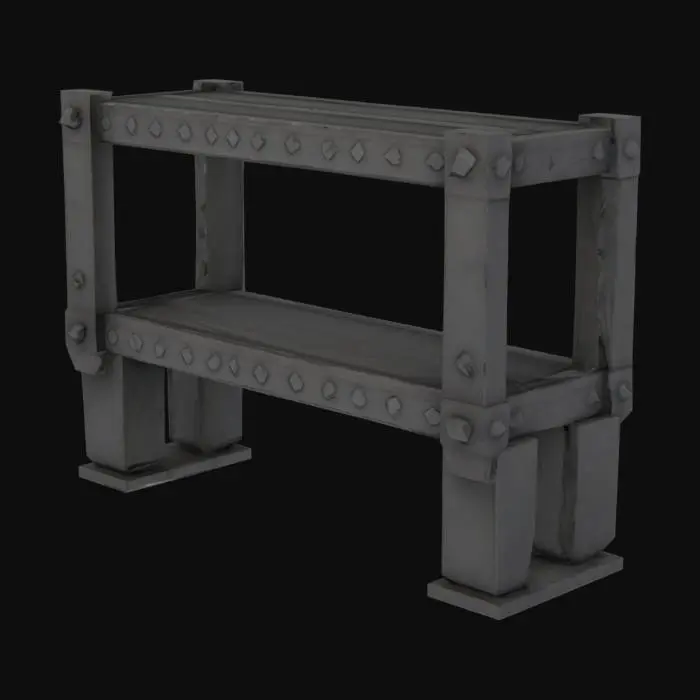3D model for A utilitarian, low-poly stylized orcish shelving unit, constructed from thick, dark grey metal plates resembling crudely forged iron. The surfaces are smooth and untextured, emphasizing the sharp angles and robust, blocky connections. It features two or three wide, flat shelves supported by thick, vertical pillars. The design is purely functional, with a heavy, industrial feel, its simplicity allowing for efficient polygon count while maintaining its menacing aesthetic.