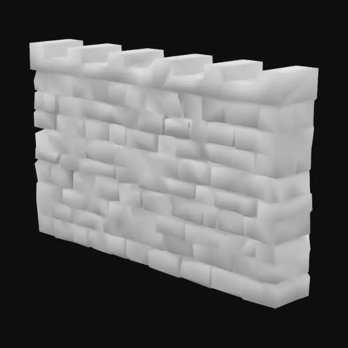 3D model for A clean, low-poly medieval stone wall section, designed for seamless modular integration. It is composed entirely of uniformly sized, light grey stone blocks with smooth, untextured surfaces and crisp, defined edges. The wall forms a solid, rectangular block with perfectly flat outer perimeters, ensuring it can snap cleanly to other modular pieces on all sides, creating continuous and well-built structures.