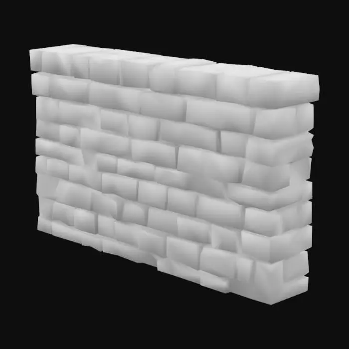 3D model for A clean, low-poly medieval stone wall section, designed for seamless modular integration. It is composed entirely of uniformly sized, light grey stone blocks with smooth, untextured surfaces and crisp, defined edges. The wall forms a solid, rectangular block with perfectly flat outer perimeters, ensuring it can snap cleanly to other modular pieces on all sides, creating continuous and well-built structures.