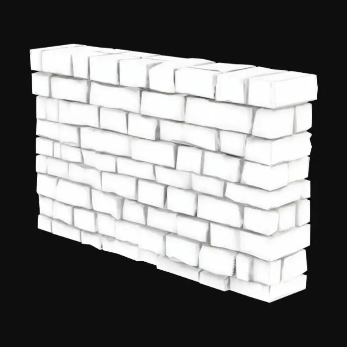 3D model for A clean, low-poly medieval stone wall section, designed for seamless modular integration. It is composed entirely of uniformly sized, light grey stone blocks with smooth, untextured surfaces and crisp, defined edges. The wall forms a solid, rectangular block with perfectly flat outer perimeters, ensuring it can snap cleanly to other modular pieces on all sides, creating continuous and well-built structures.