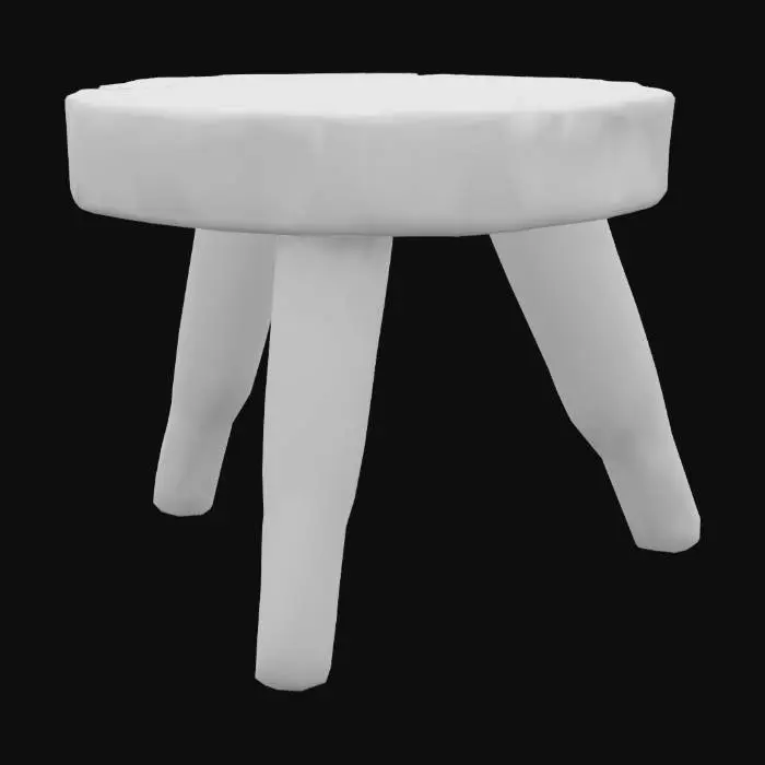 3D model for A low-poly stylized orcish side table, featuring an irregularly cut slab of dark, rustic wood as its tabletop. While polygons are minimal, the dark brown surface subtly shifts in tone, hinting at a coarse, unrefined grain, and its edges are distinctly beveled to suggest thickness. It rests on three sturdy, splayed legs, each a chunky, blocky form of the same wood, appearing solid and primitive, with a tactile sense of raw, weighty timber.