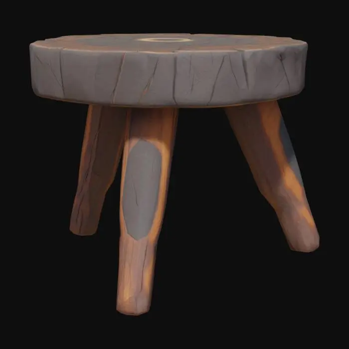 3D model for A low-poly stylized orcish side table, featuring an irregularly cut slab of dark, rustic wood as its tabletop. While polygons are minimal, the dark brown surface subtly shifts in tone, hinting at a coarse, unrefined grain, and its edges are distinctly beveled to suggest thickness. It rests on three sturdy, splayed legs, each a chunky, blocky form of the same wood, appearing solid and primitive, with a tactile sense of raw, weighty timber.